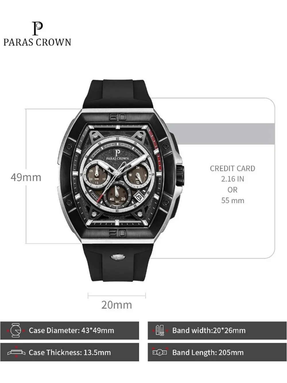 Men's Silver Black 5ATM Waterproof Quartz Luxury Chronograph Analog Wrist Watch